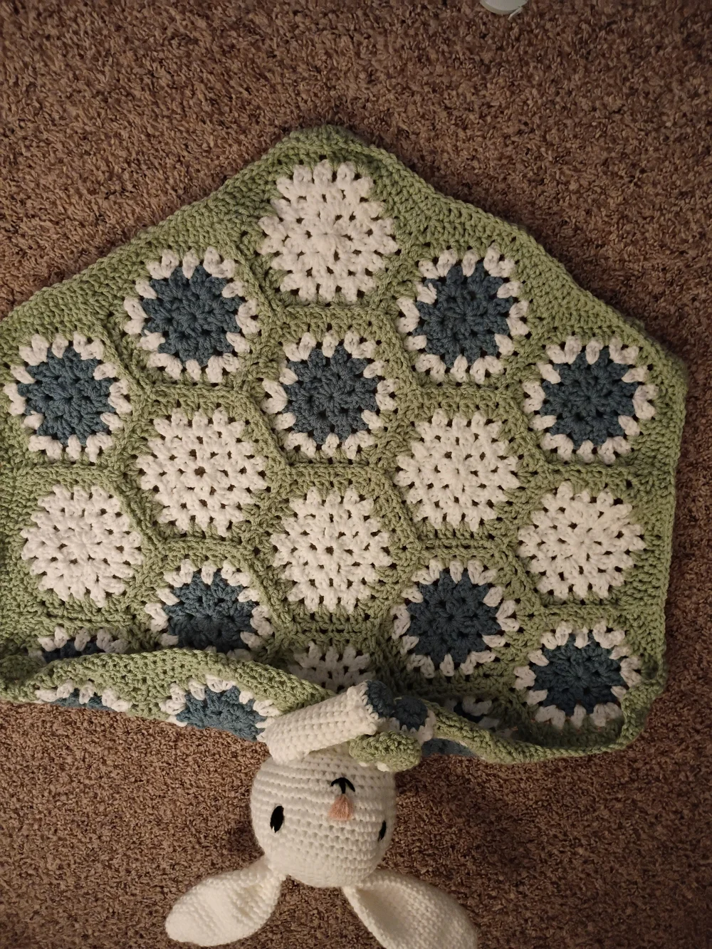 Handmade Bunny Lovey Blanket in White, Sage and Blue